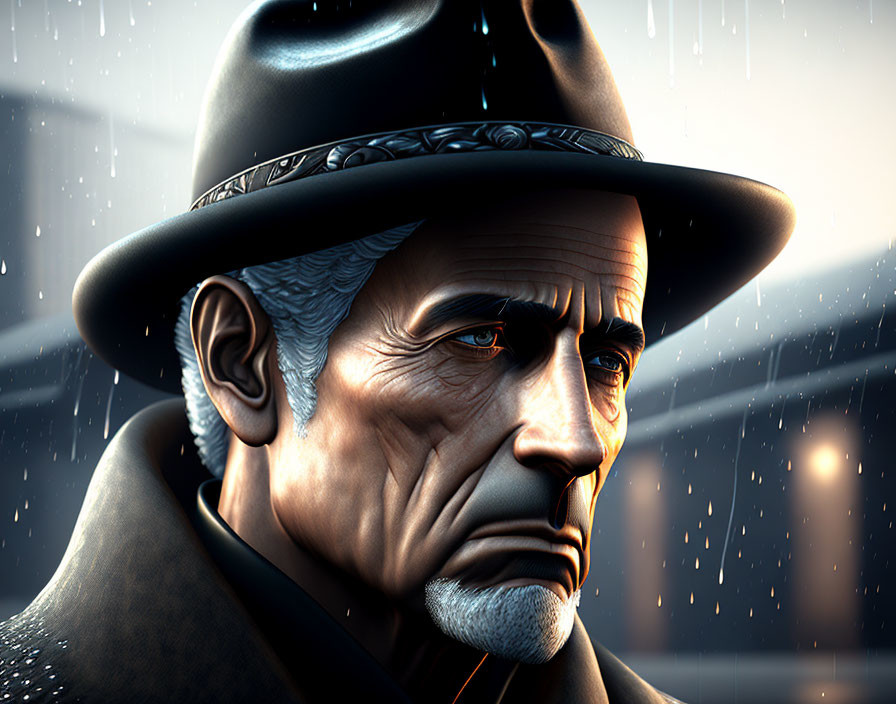 Digital artwork: Older man in fedora hat under moody sky