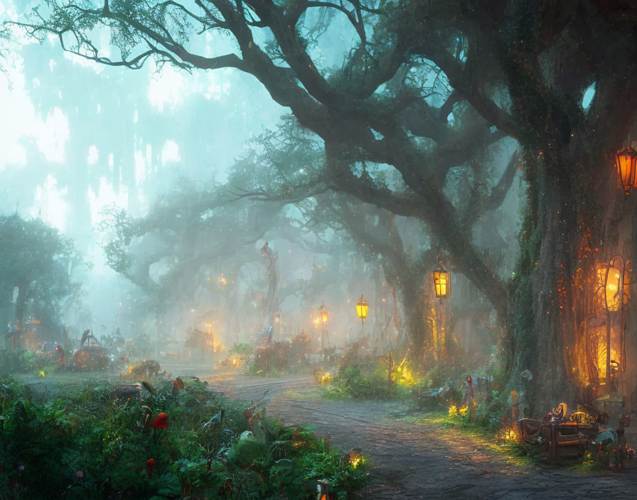 Enchanted forest with giant trees, fog, and fairytale elements