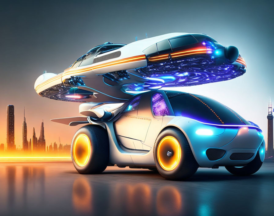 Futuristic flying car and ground vehicle in city skyline at dusk