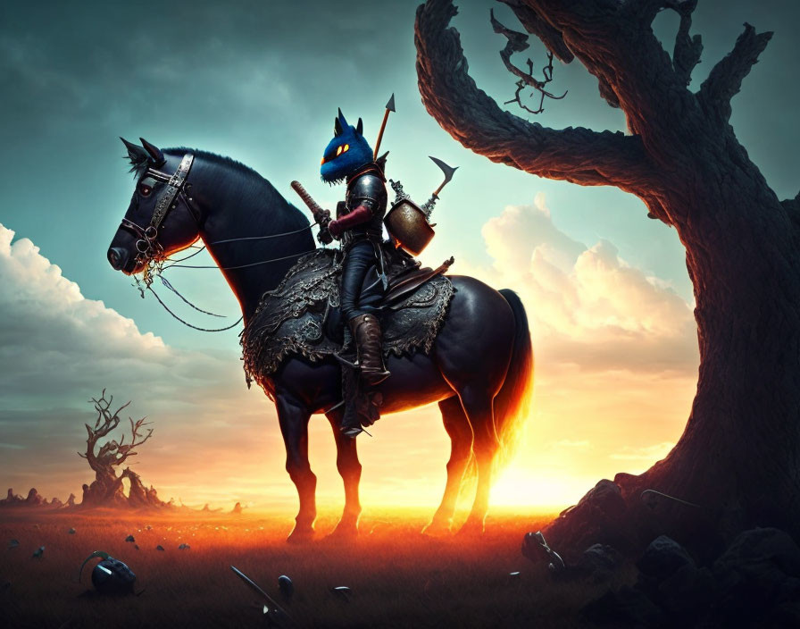 Cat-headed black-armored knight on horseback in dramatic sunset landscape