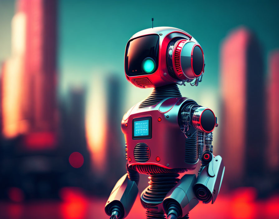 Futuristic robot with spherical head in red-hued cityscape