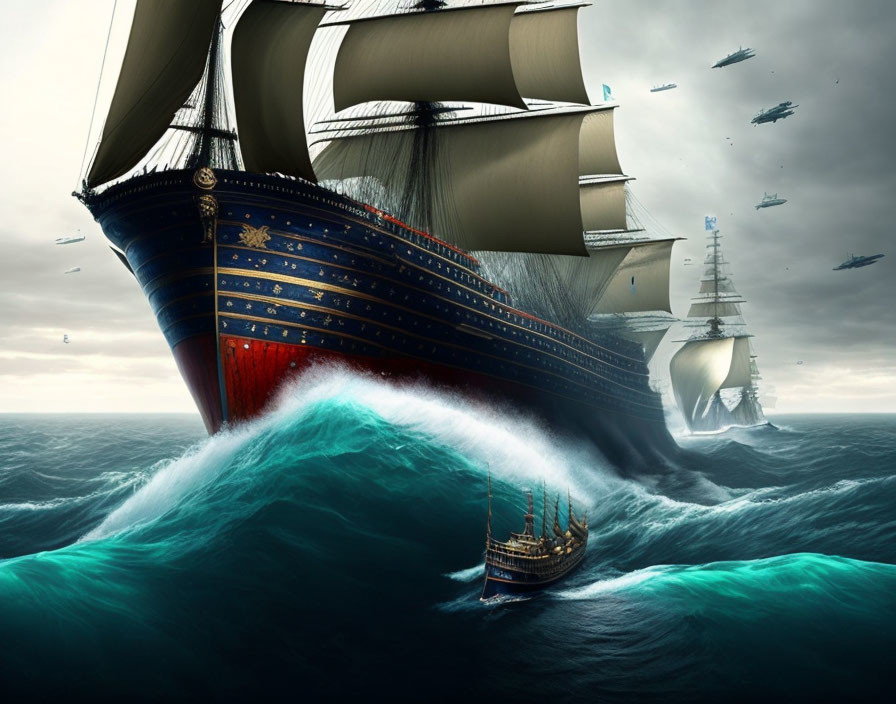 Majestic sailing ships on turbulent seas with futuristic airships.