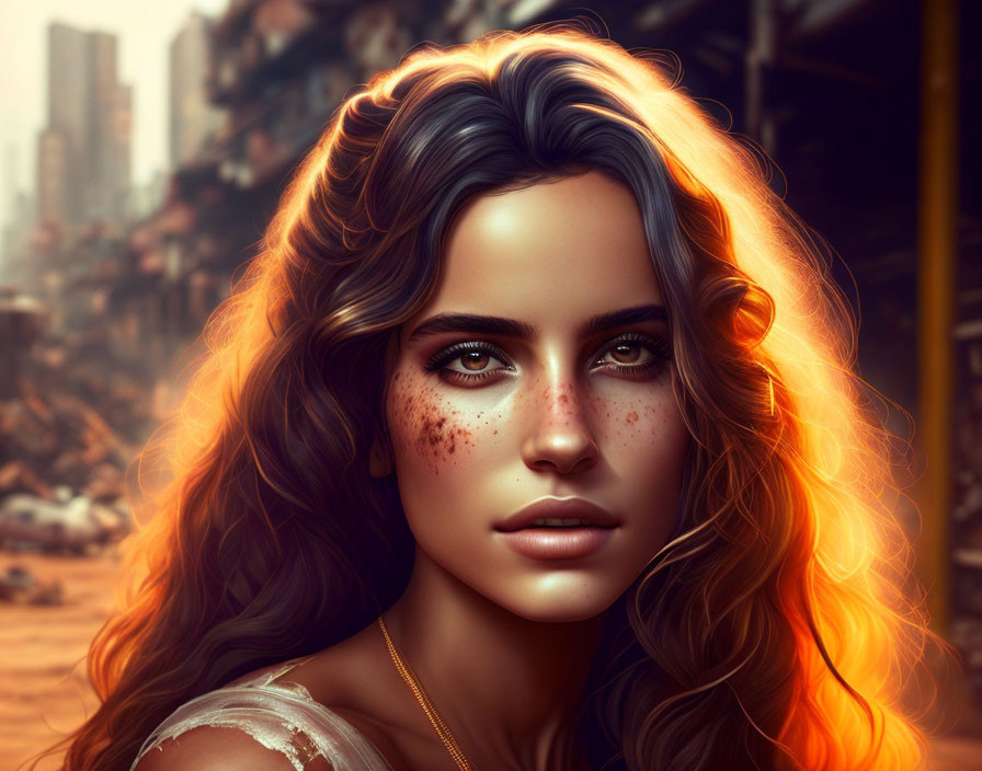 Digital portrait of woman with wavy hair and freckles against urban backdrop