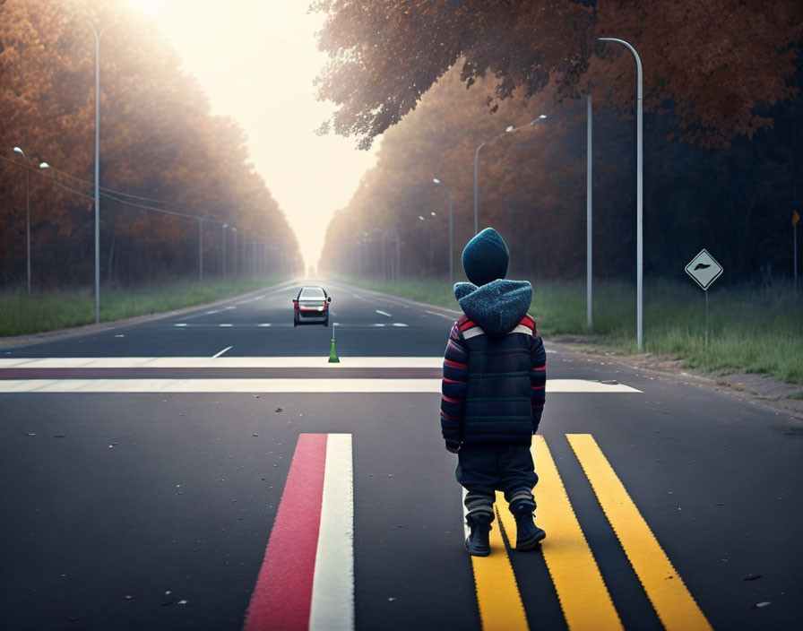 Child in Striped Jacket and Beanie Watches Car on Tree-Lined Road at Dusk