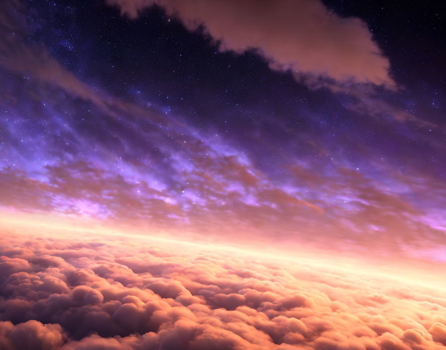 Twilight sky with fluffy clouds and stars over serene landscape