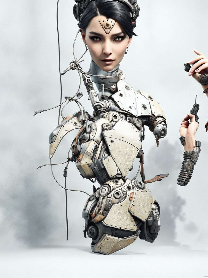 Stylized female robot with intricate design and detached parts