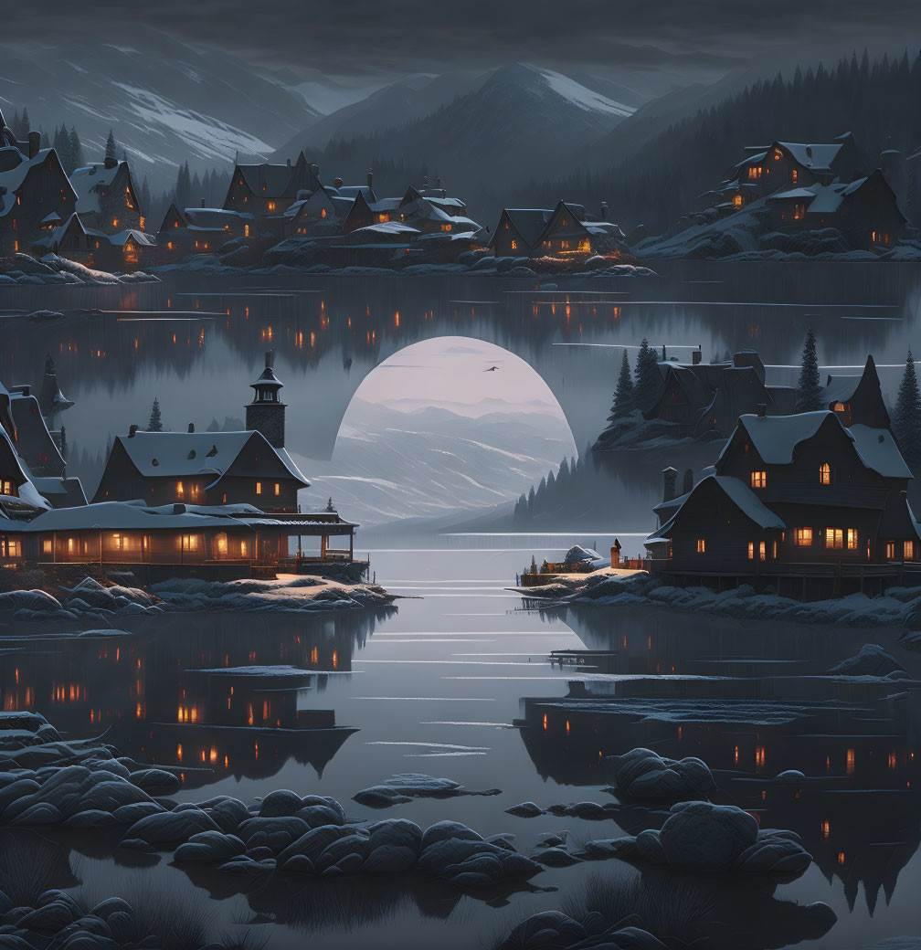 Night Scene: Illuminated Lakeside Houses, Moonlit Waters & Mountain Silhouettes