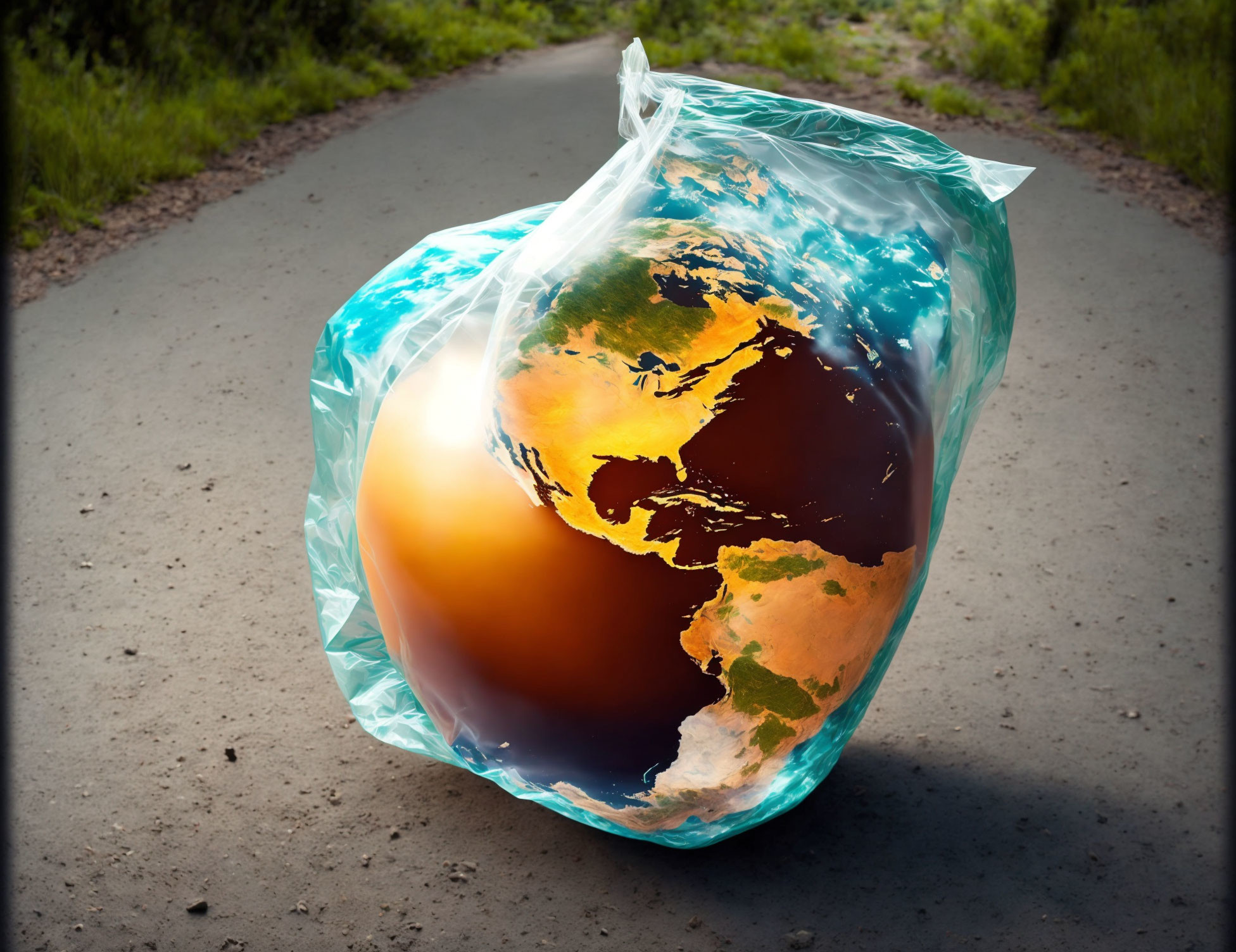 Conceptual image: Earth in plastic bag symbolizes environmental pollution