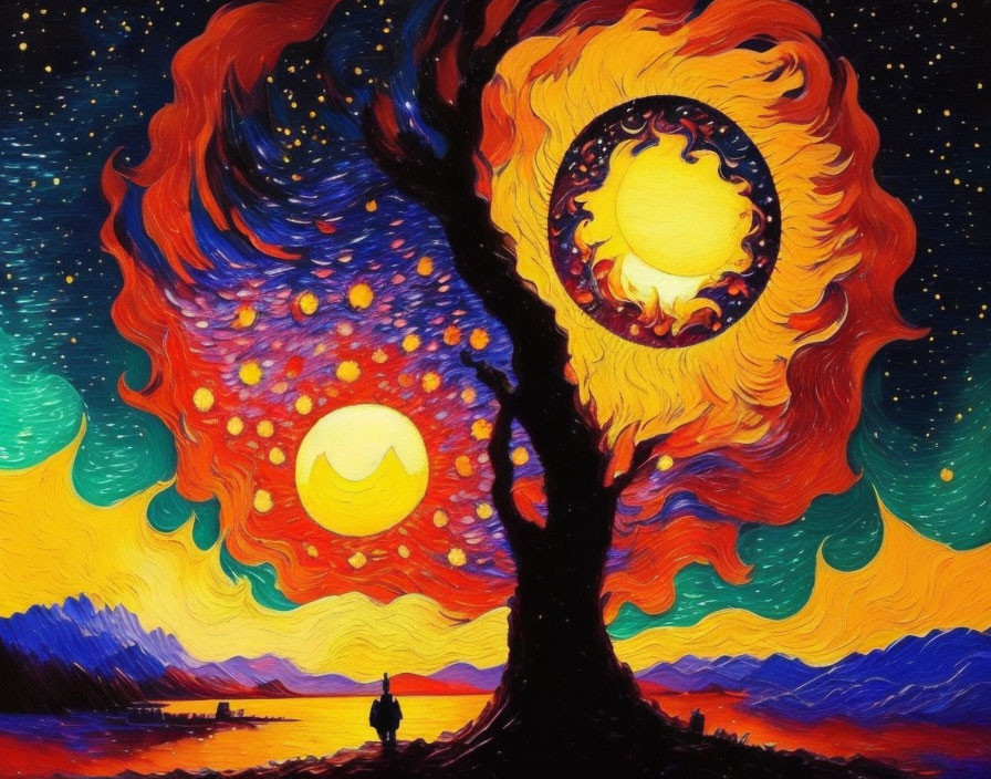 Colorful painting: Person under swirling tree in fiery landscape