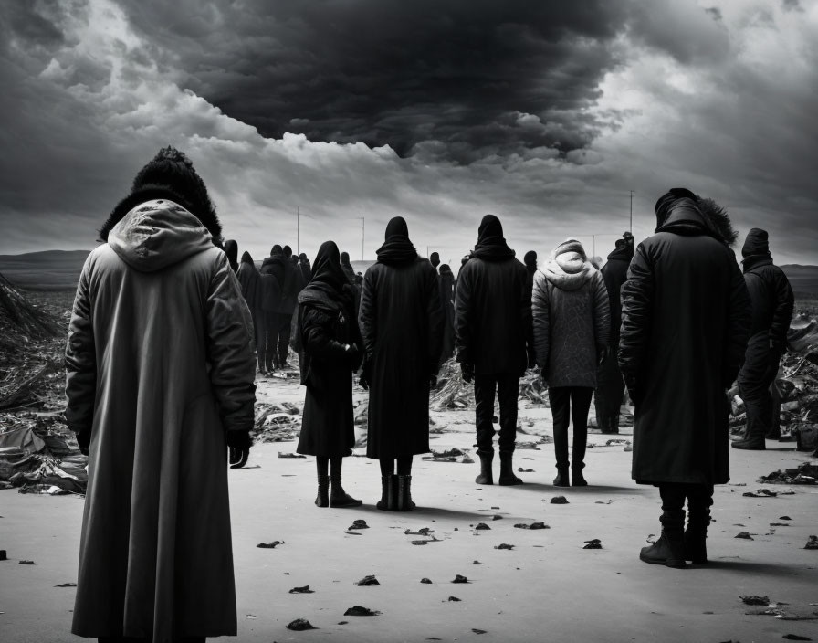 Group of people in coats facing gloomy sky in barren landscape