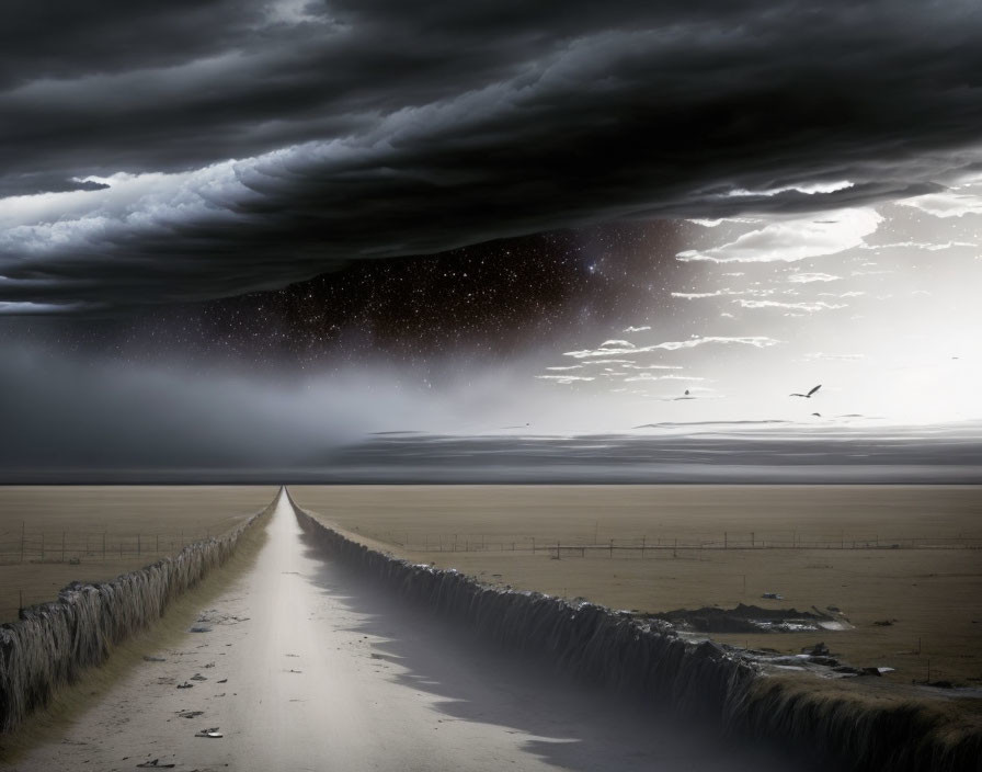 Surreal landscape with split road, barren fields, dramatic sky, and flying birds