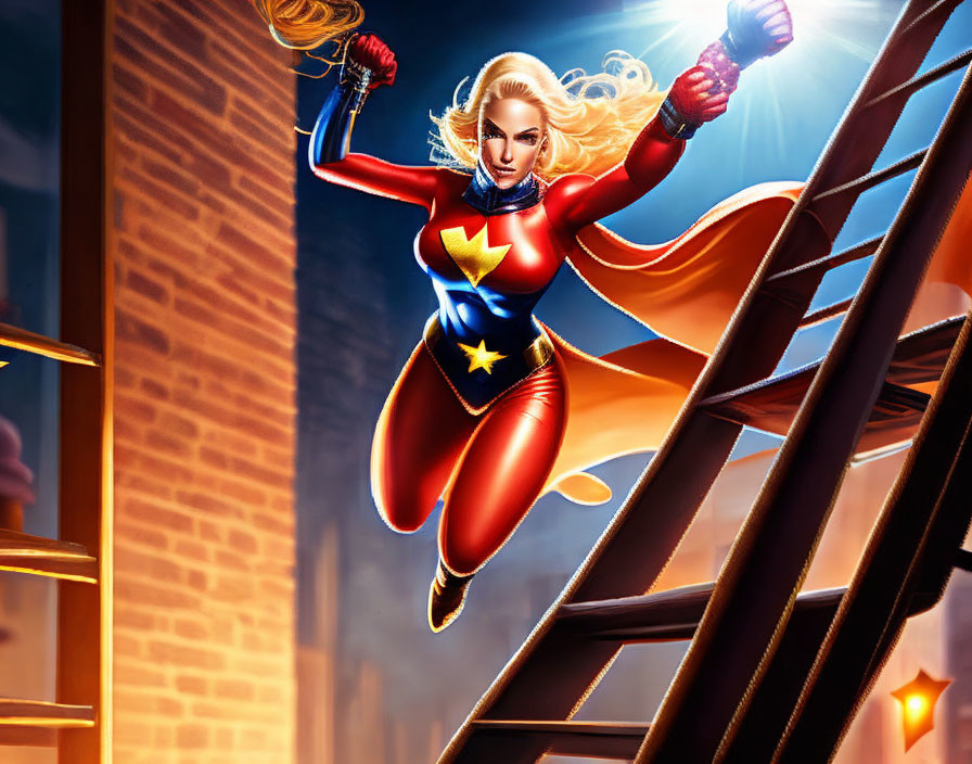 Blonde superheroine in red and blue costume flying over cityscape at night