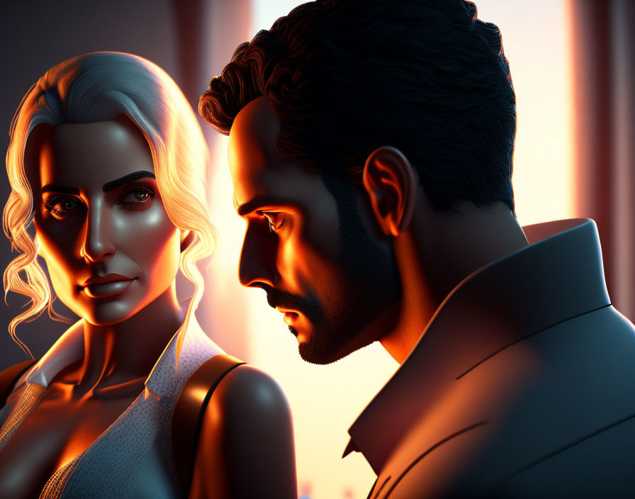 Stylized 3D-rendered man and woman in intense gaze under warm light