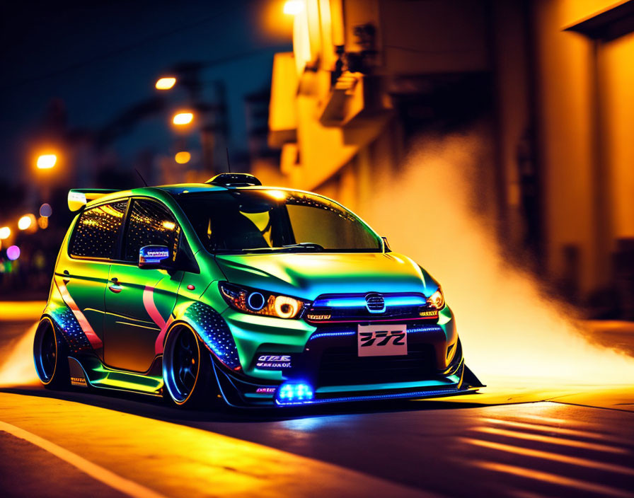 Vibrant neon-accented modified sports car at night with smoke and backlighting