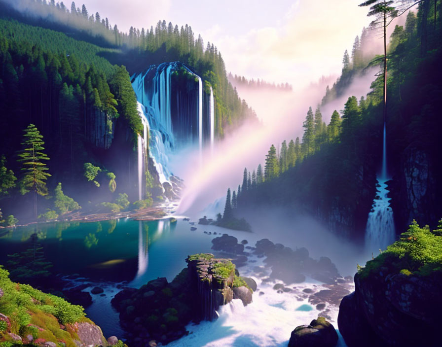 Scenic waterfall flowing into serene lake amid lush forest and misty ambiance