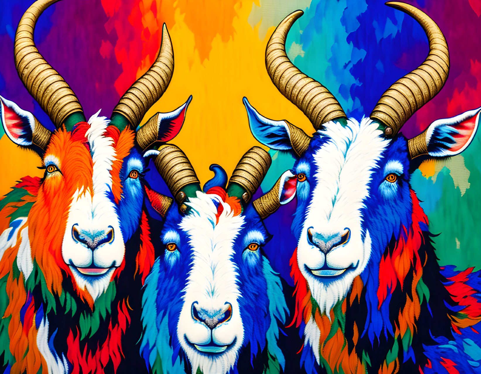 Vibrant Rainbow Background with Colorful Stylized Goats