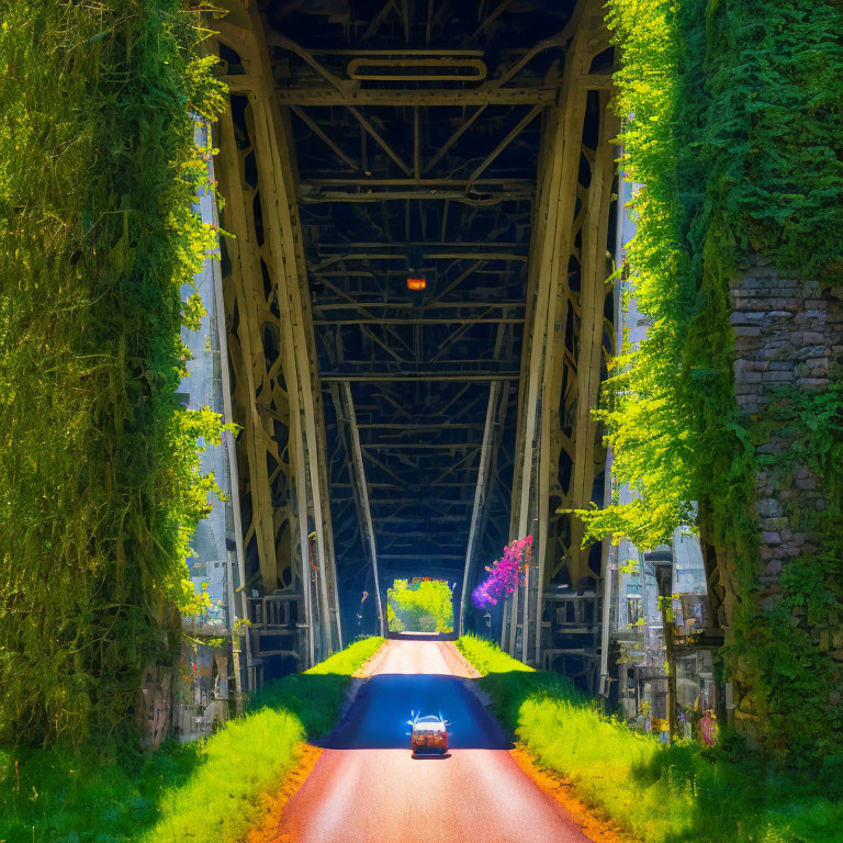 Sunlit steel bridge with green ivy, stone pillars, and purple flowers