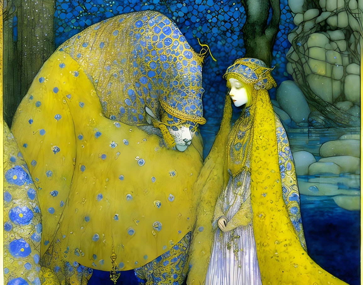 Two figures in ornate yellow cloaks against a blue forest backdrop