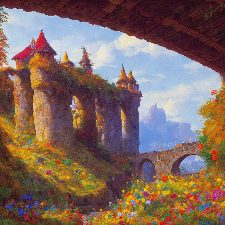 Whimsical Landscape with Fairy-Tale Houses and Mountains