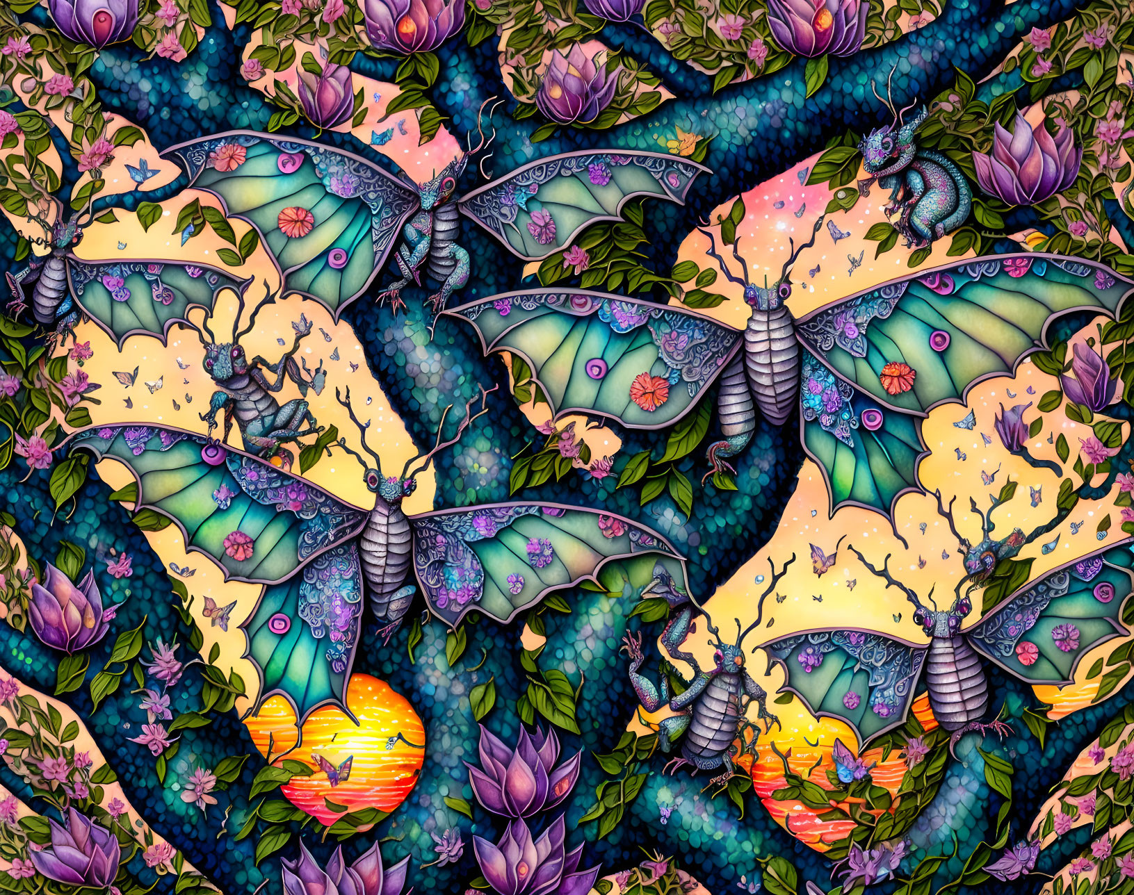 Fantastical dragon with butterfly wings in floral fantasy scene