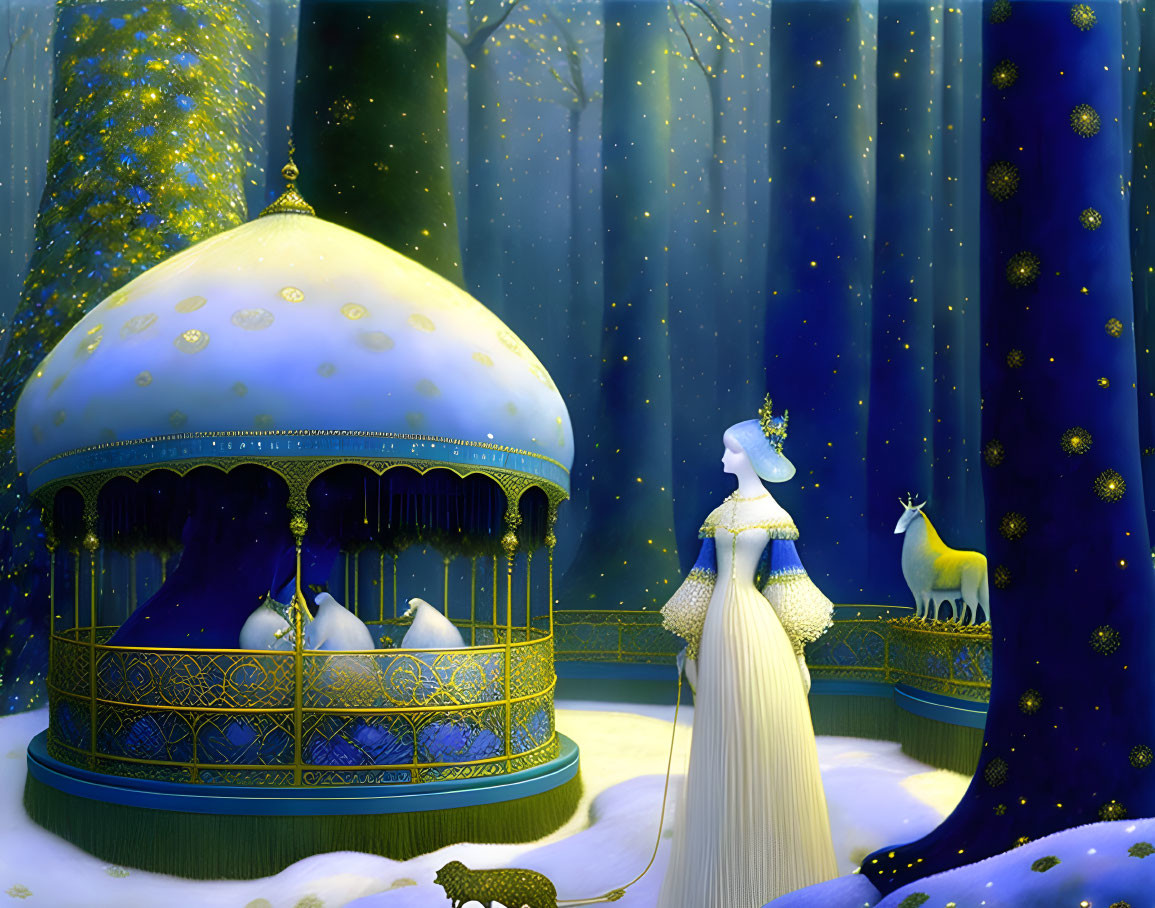 Woman in white gown by carousel in snow-covered forest with golden stag and leopard