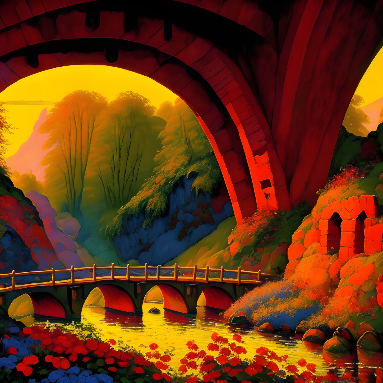 Colorful Illustration: Red Arch Bridge in Fantastical Landscape