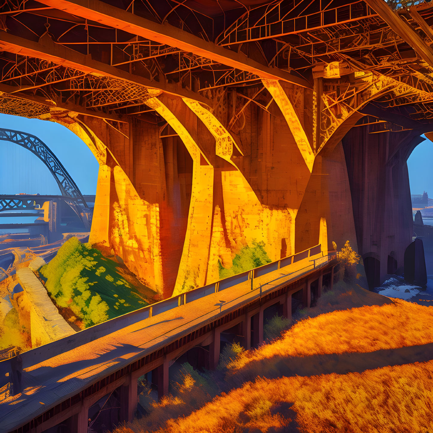 Large Rust-Colored Bridge with Smaller Perpendicular Bridge and River in Golden Hour