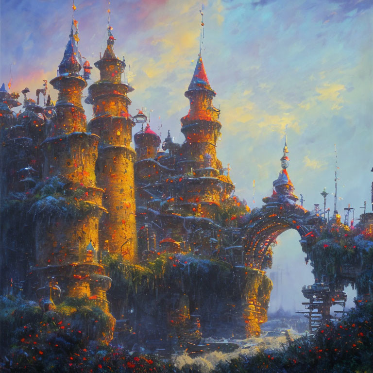 Illuminated castle with tall spires in twilight sky