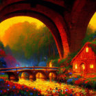 Colorful Illustration: Red Arch Bridge in Fantastical Landscape