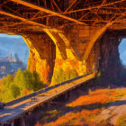 Large Rust-Colored Bridge with Smaller Perpendicular Bridge and River in Golden Hour