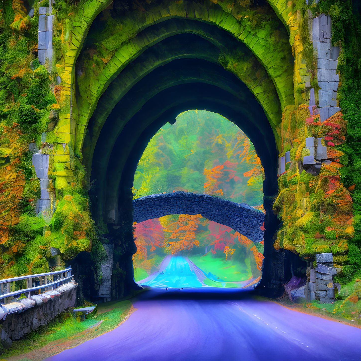 Stone tunnel road with vibrant autumn foliage