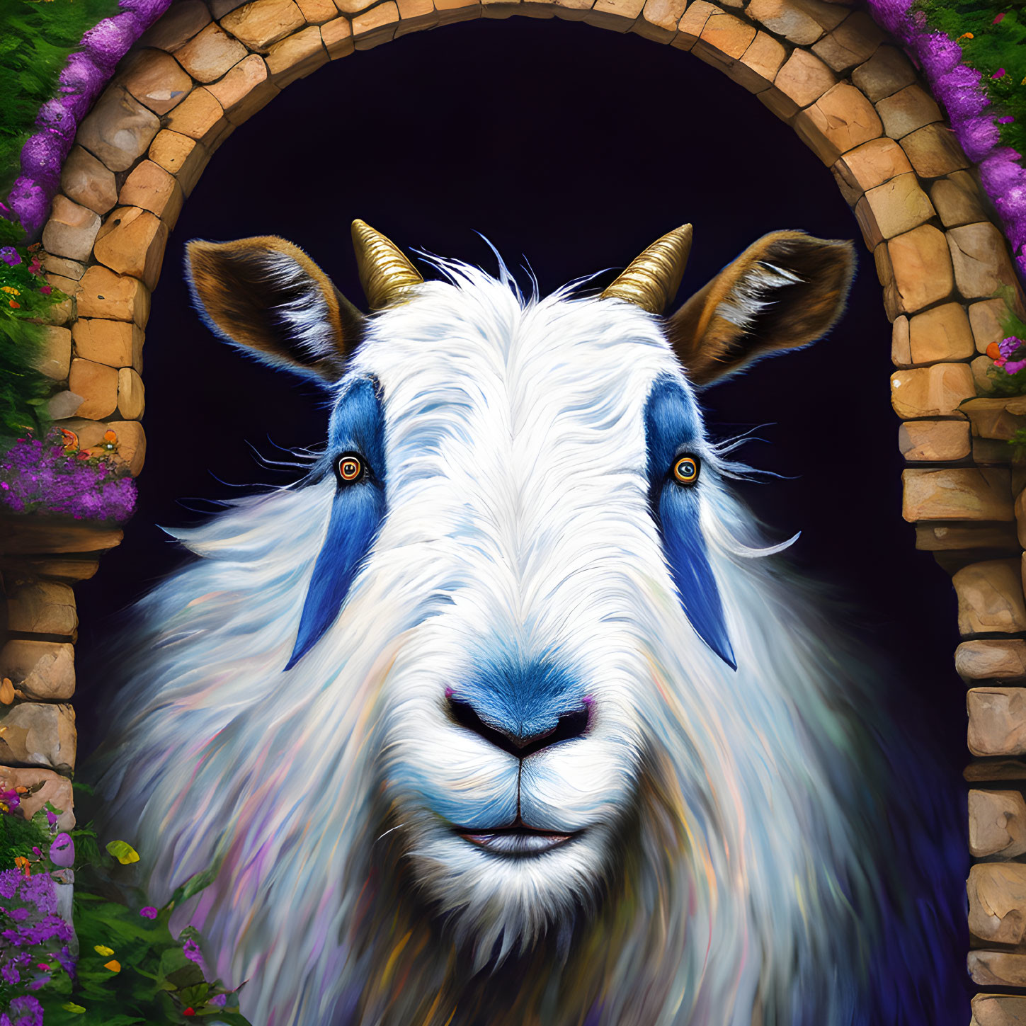 White Goat with Blue Eyes in Stone Archway Surrounded by Purple Flowers