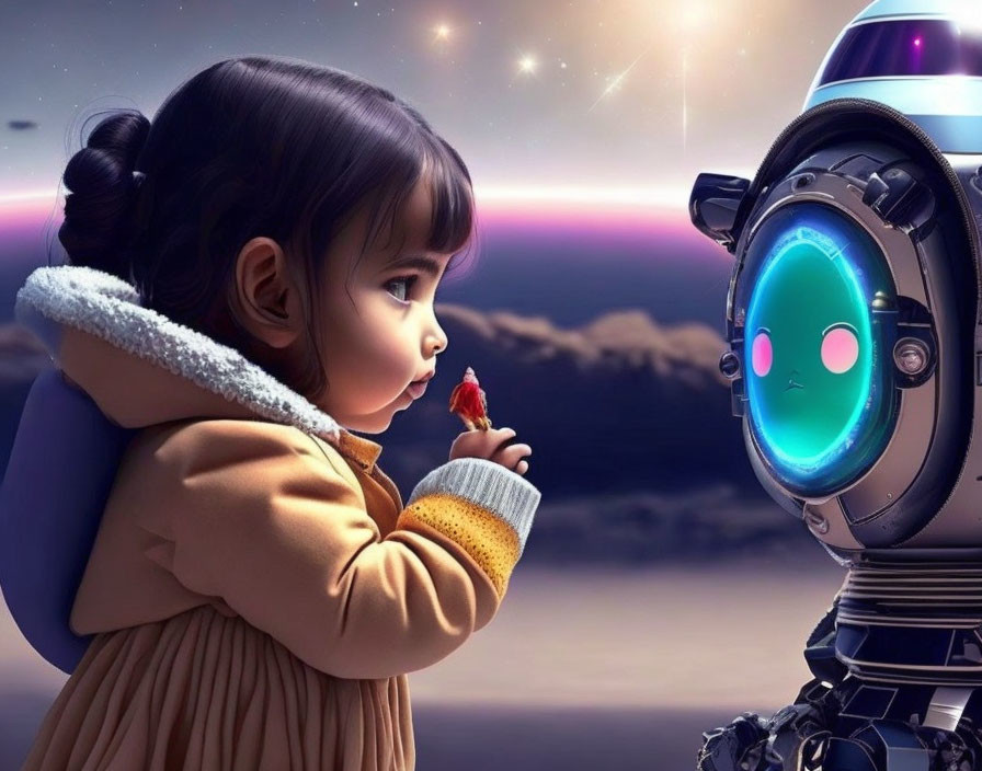 Young girl with hair bow and friendly robot under starry sky in heartwarming scene