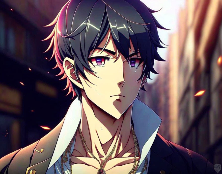 Dark-haired male character with pink eyes and earrings in anime style, wearing a decorated jacket with gold chains