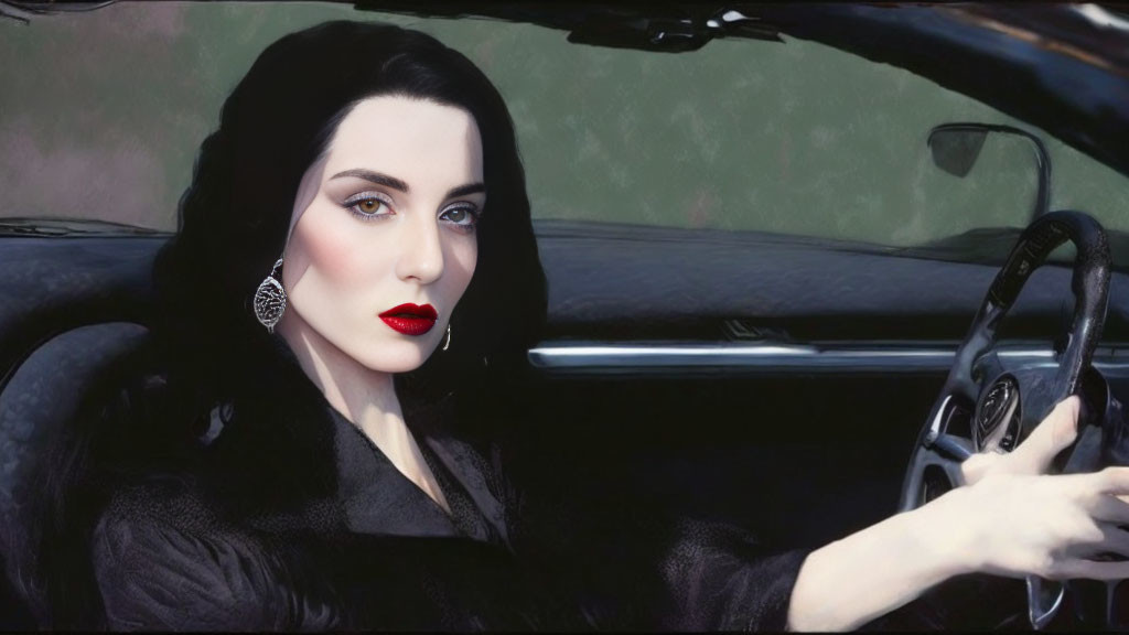 Black-haired woman in red lipstick drives vintage car in dark coat