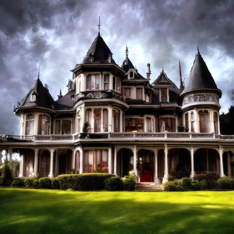 Victorian mansion with turrets and large windows under dramatic sky