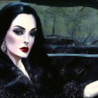 Pale-skinned person with dark hair and red lipstick in black attire behind car wheel