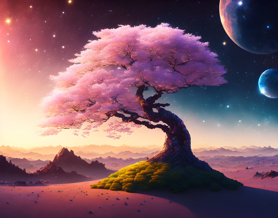 Pink Cherry Blossom Tree in Desert Landscape with Starry Sky