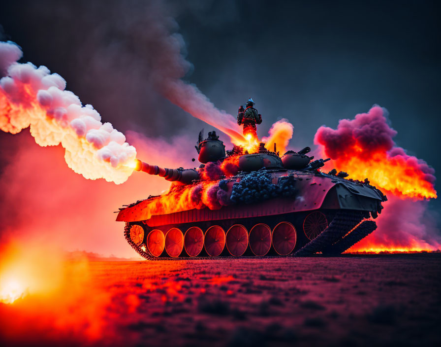 Tank firing with explosion and smoke under dark sky