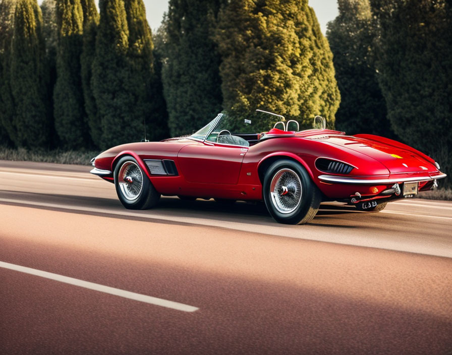 Classic Red Convertible Sports Car in Motion on Road Background