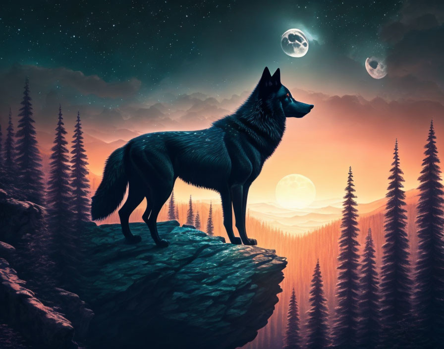 Wolf on Cliff Overlooking Forest Under Starry Night Sky