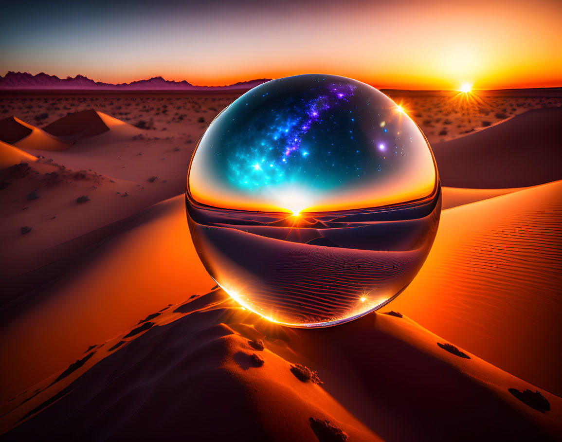 Reflective Sphere Captures Sunset and Starry Night Over Desert Dunes