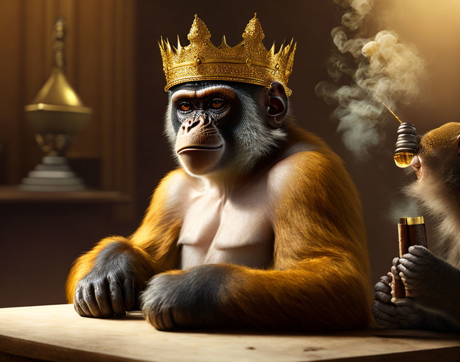 Regal gorilla with golden crown and scepter in powerful setting.