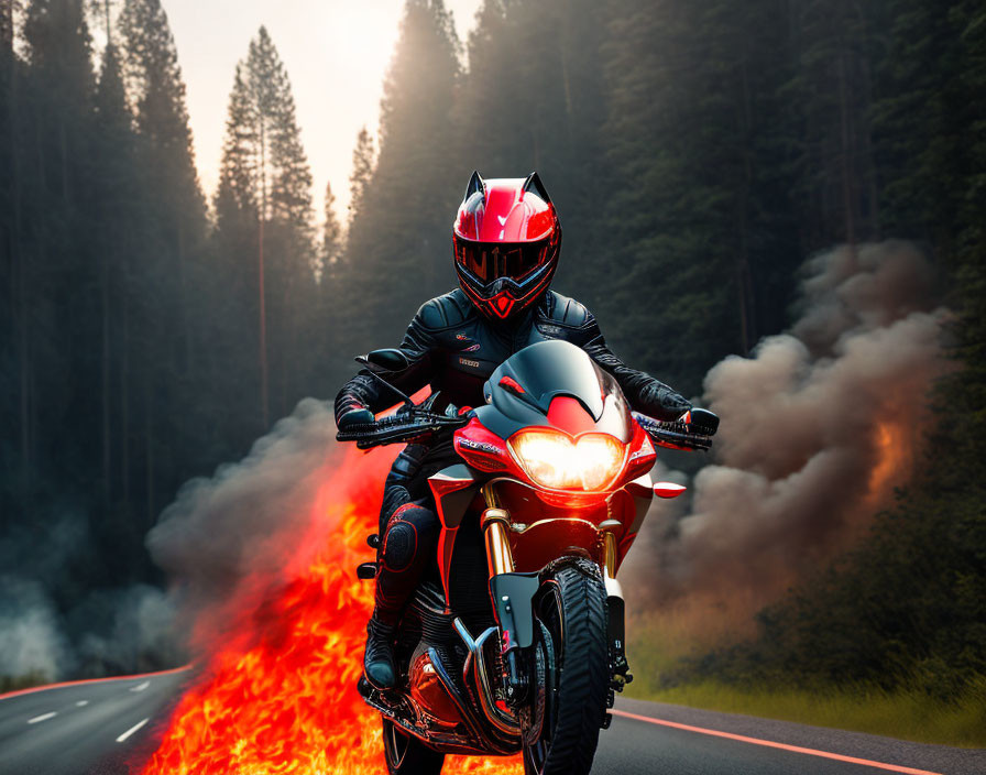 Motorcyclist in full gear riding with fiery trail on road