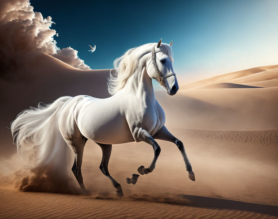 White Horse Galloping in Desert Under Crescent Moon