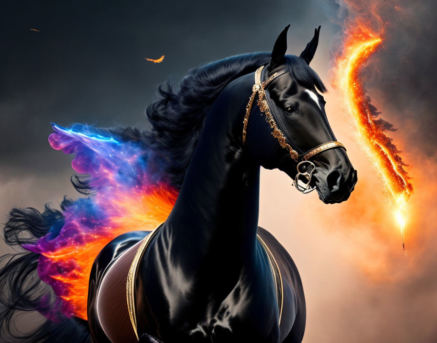 Majestic black horse with fiery mane in stormy background