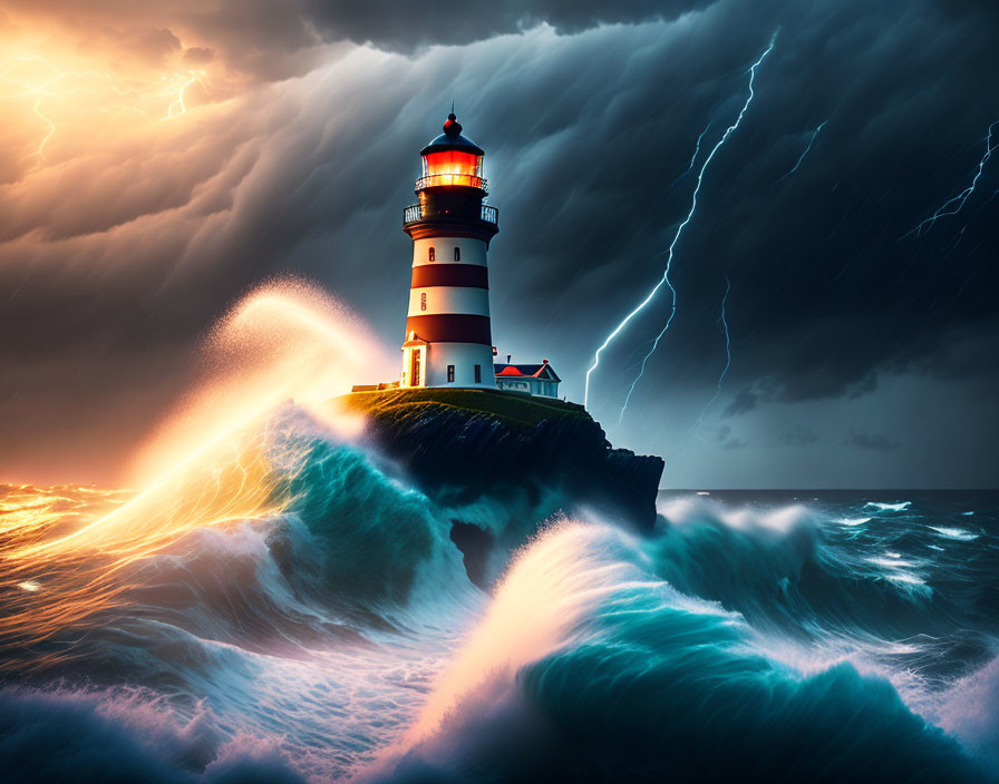 Lighthouse on rocky outcrop in stormy sea with lightning