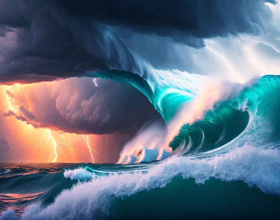 Dramatic ocean scene with curling wave, lightning, stormy skies, and glowing sunset