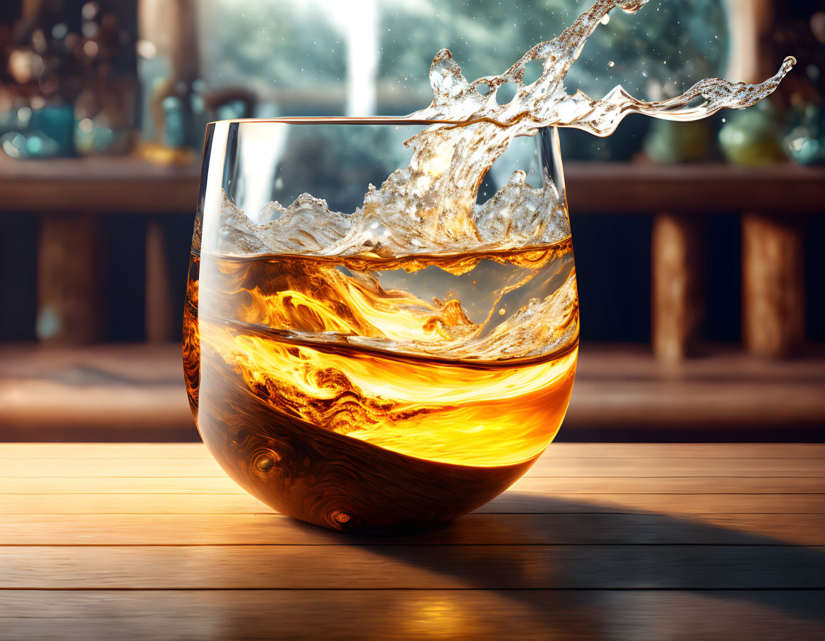 Whiskey glass with splash on wooden surface and amber liquid waves, backlit.