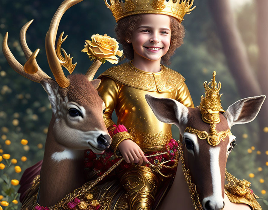 Child in Golden Armor with Crown Stands with Deer in Forest Scene